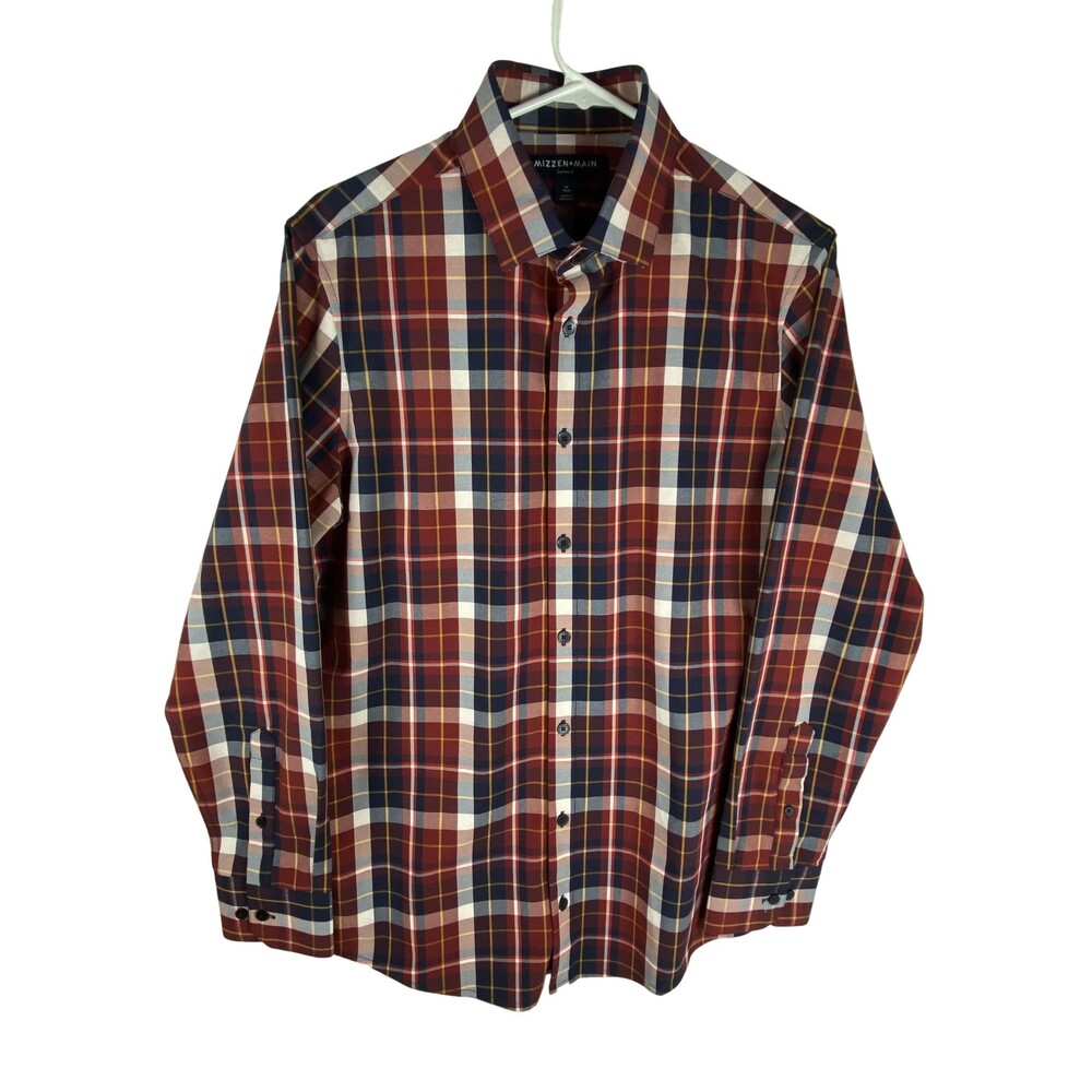 Mizzen+Main Shirt Mens Medium Red Plaid Leeward Trim Fit Dress Long Sleeve